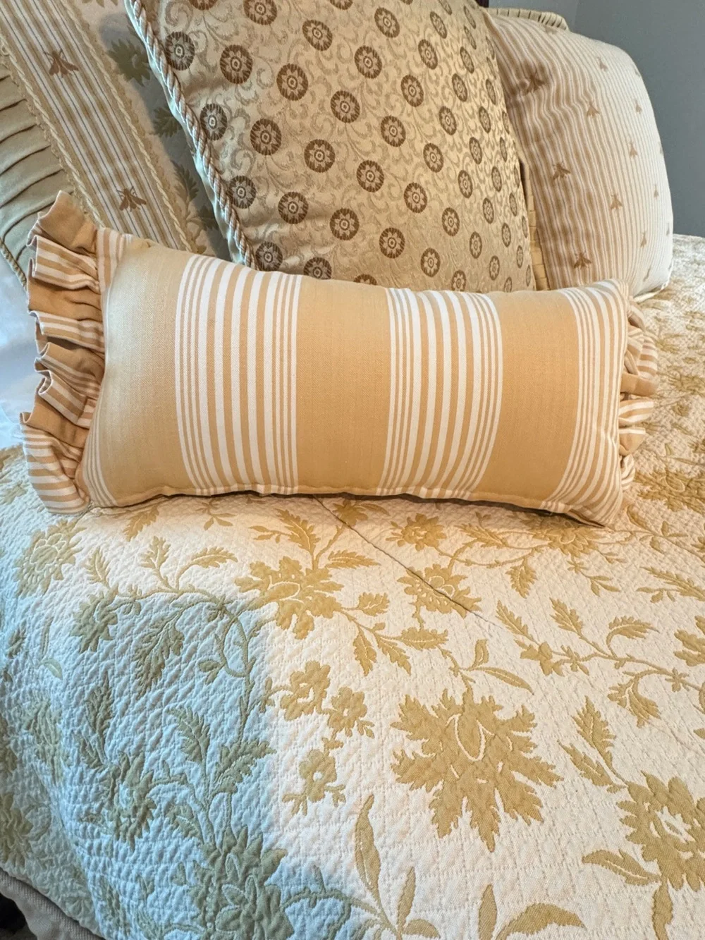 Ethan Allen Cream and Gold Floral Quilted Duvet Cover, Throw Pillows & Bedskirt
